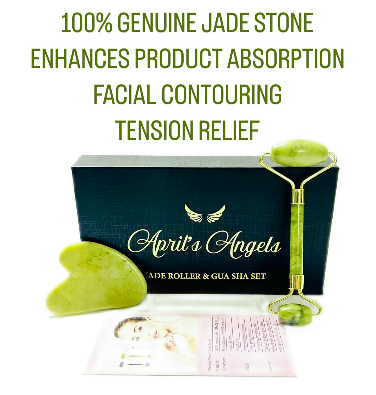 Genuine Jade Stone Roller & Gua Sha Set. Massage Set for Face, Eyes & Neck. Supports Lymphatic System + Facial Contouring + Tension Relief.
