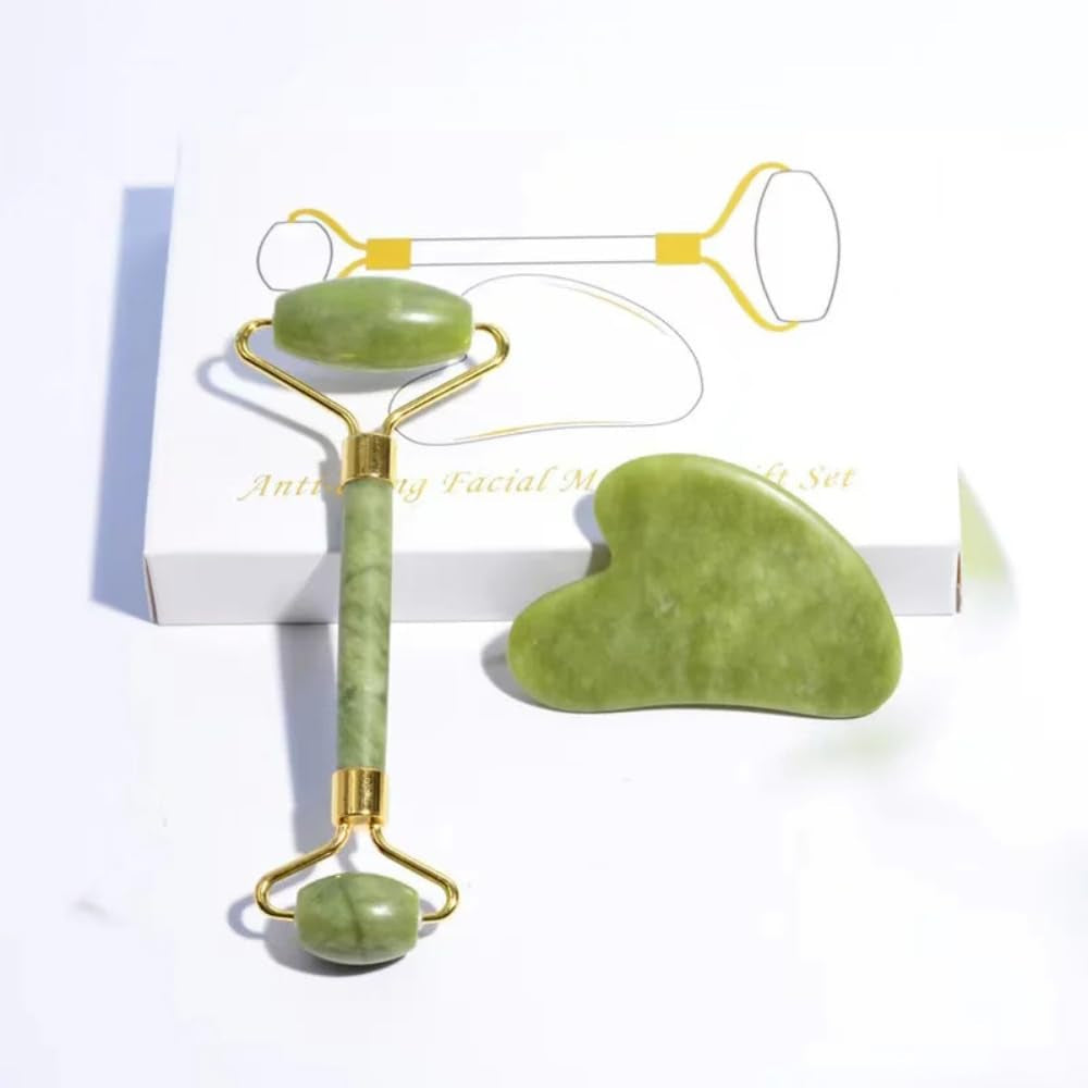 ""GLOW LUX Jade Roller & Gua Sha Facial Tool Set: Boost Radiance and Relaxation with Gentle Massage - Reduce Puffiness, Improve Circulation, and Enhance Skincare Routine"", Green