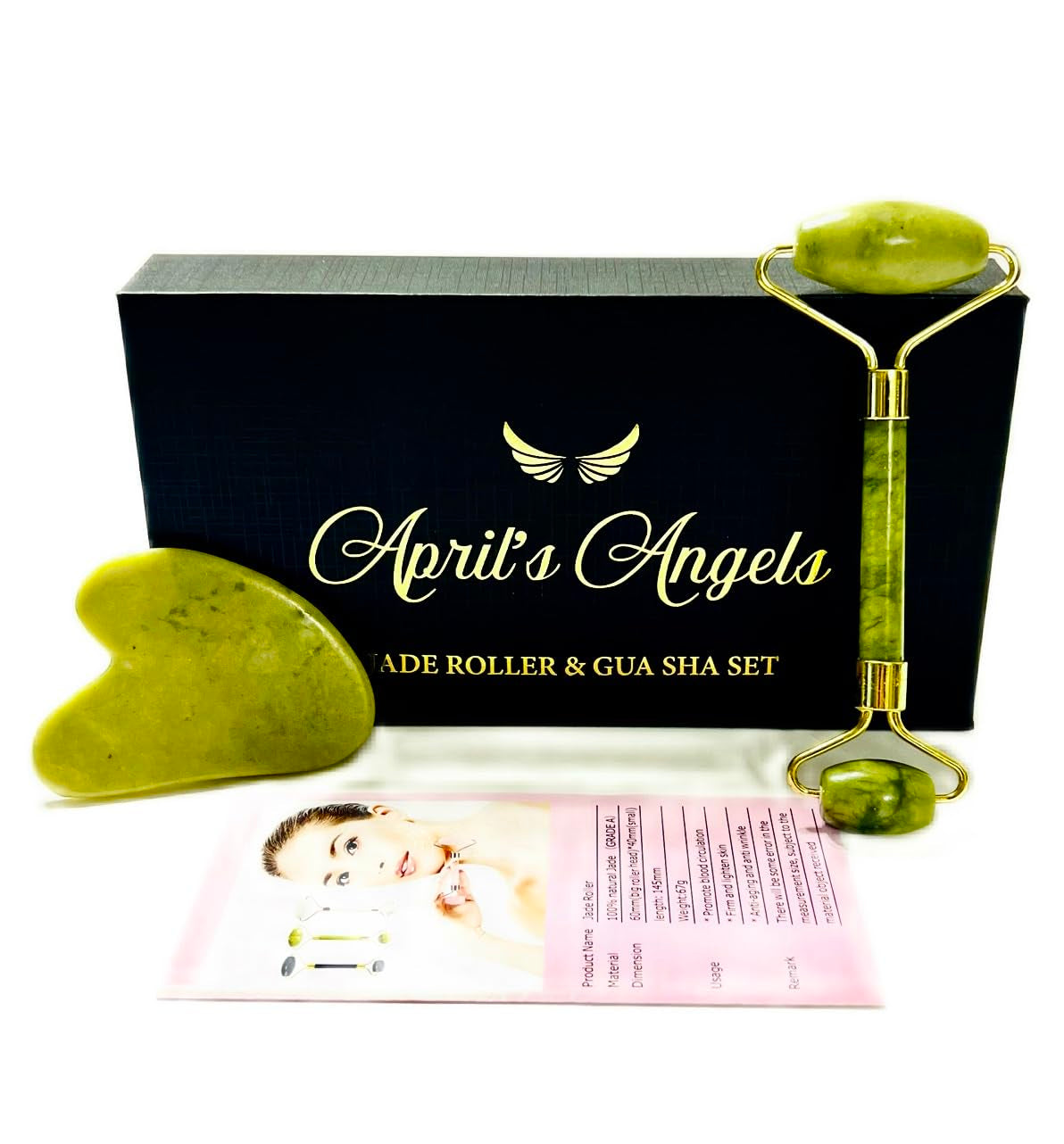 Genuine Jade Stone Roller & Gua Sha Set. Massage Set for Face, Eyes & Neck. Supports Lymphatic System + Facial Contouring + Tension Relief.
