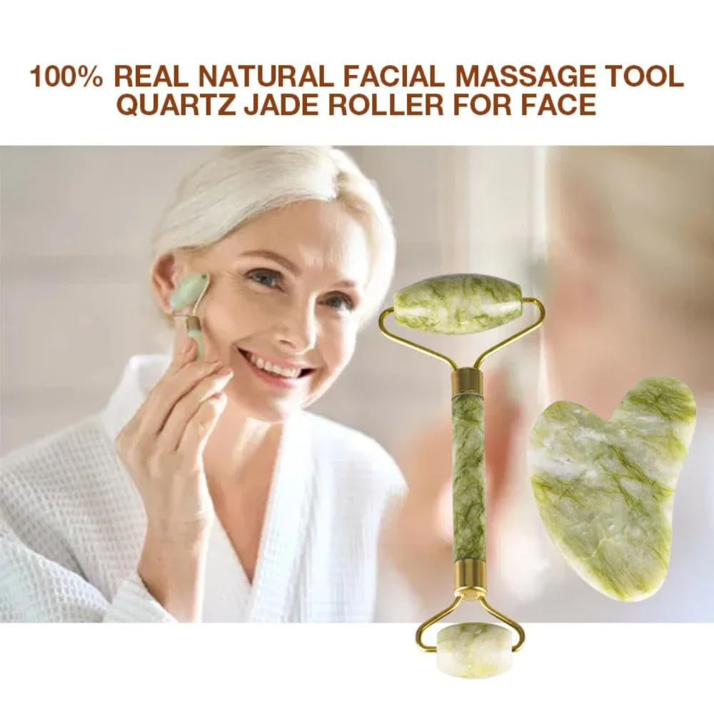 ""GLOW LUX Jade Roller & Gua Sha Facial Tool Set: Boost Radiance and Relaxation with Gentle Massage - Reduce Puffiness, Improve Circulation, and Enhance Skincare Routine"", Green