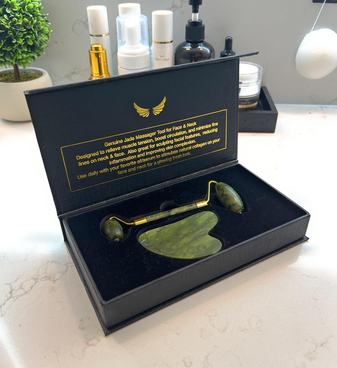 Genuine Jade Stone Roller & Gua Sha Set. Massage Set for Face, Eyes & Neck. Supports Lymphatic System + Facial Contouring + Tension Relief.