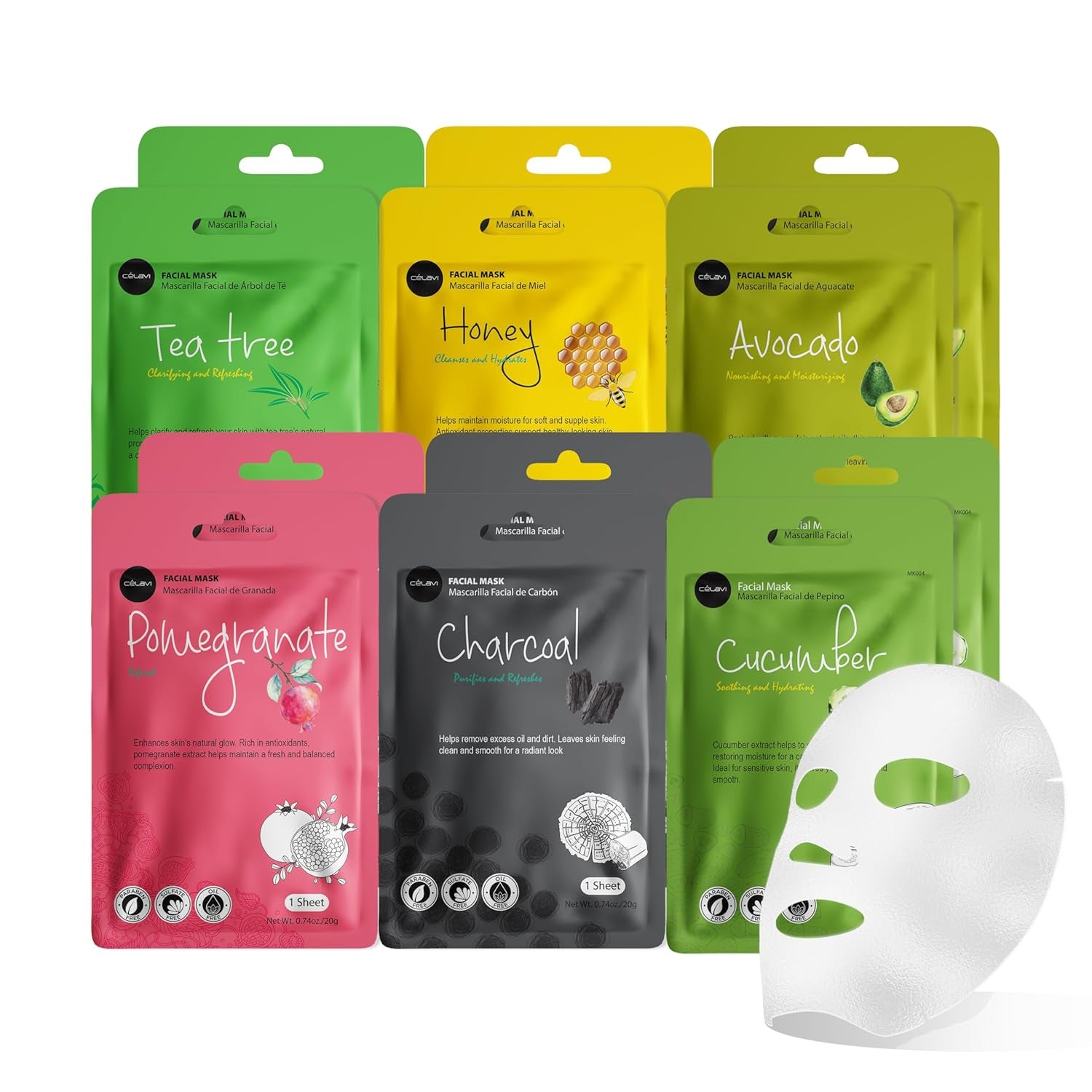 Celavi Essence Facial Face Mask Paper Sheet Korea Skin Care Moisturizing 12 Pack (Mix - 2 of Each)