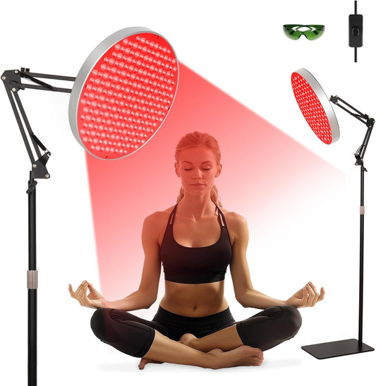 Round Red Light Therapy for Face and Body, Adjustable Height Stand, 660Nm Red Light Therapy & 850Nm Infrared Light Therapy Device，Skin Beauty