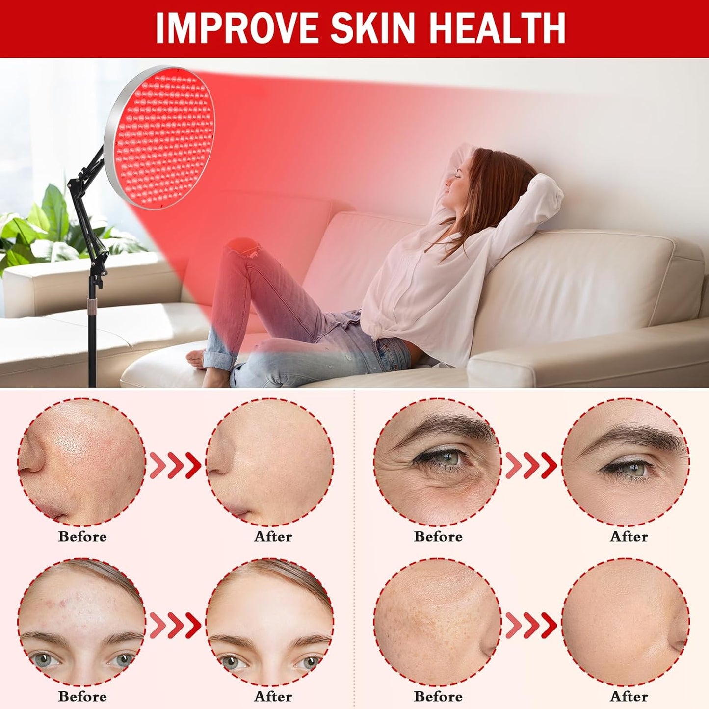 Round Red Light Therapy for Face and Body, Adjustable Height Stand, 660Nm Red Light Therapy & 850Nm Infrared Light Therapy Device，Skin Beauty