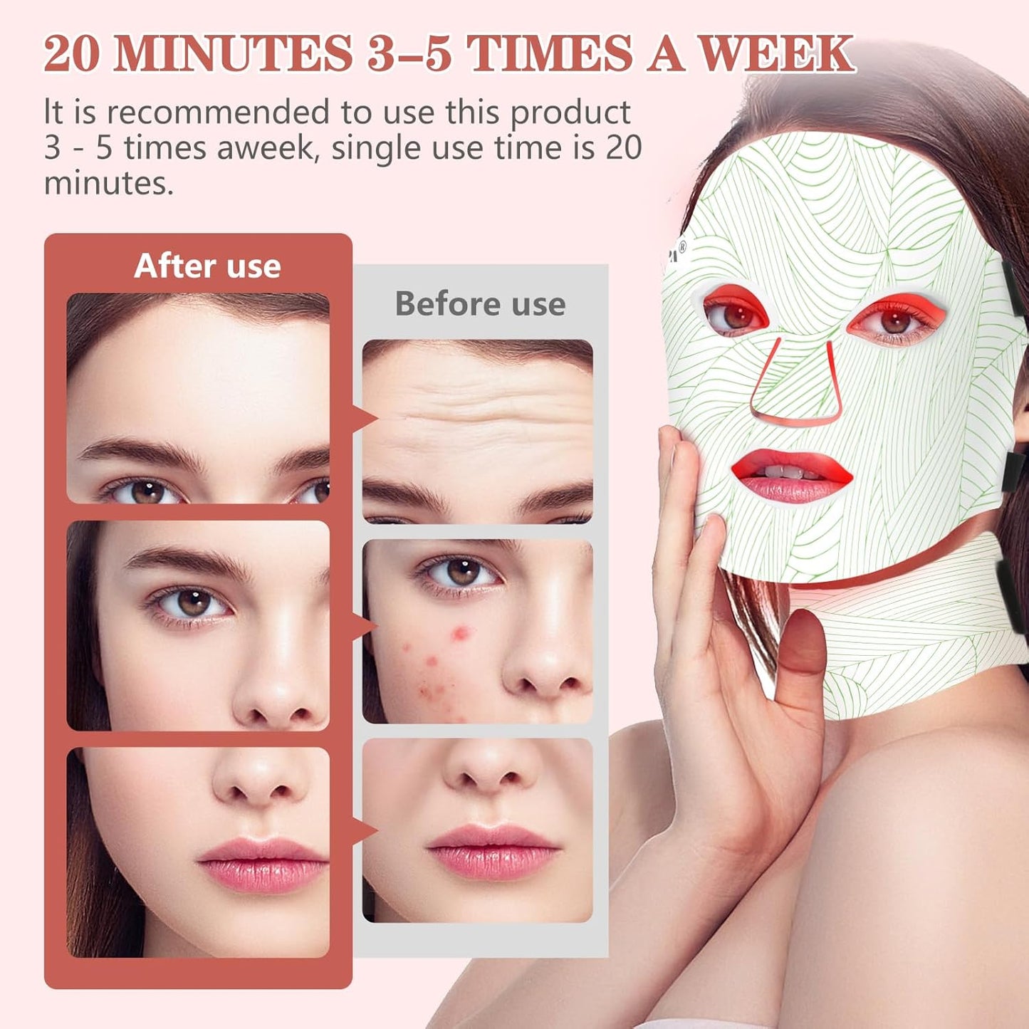 Led Face Mask Light Therapy,Red Light Therapy for Face and Neck,7 Colors LED Facial Skin Care Mask,5 Level Brightness Adjustment,309 LED Beads Can Be Used at Home,White Green