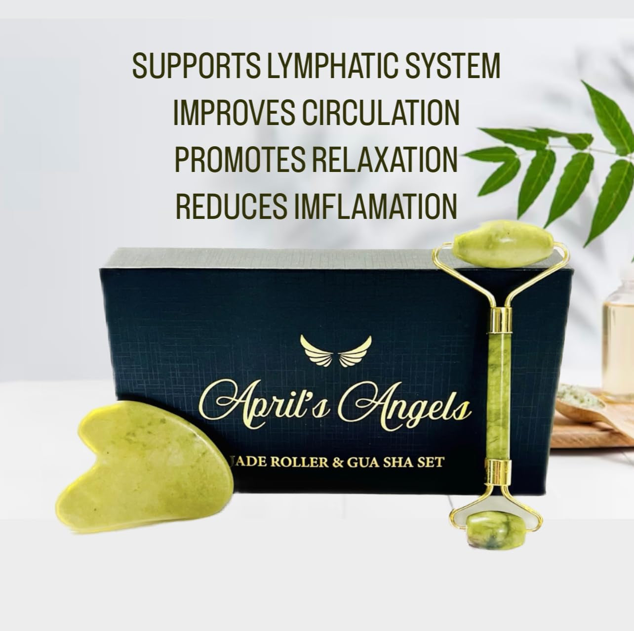 Genuine Jade Stone Roller & Gua Sha Set. Massage Set for Face, Eyes & Neck. Supports Lymphatic System + Facial Contouring + Tension Relief.