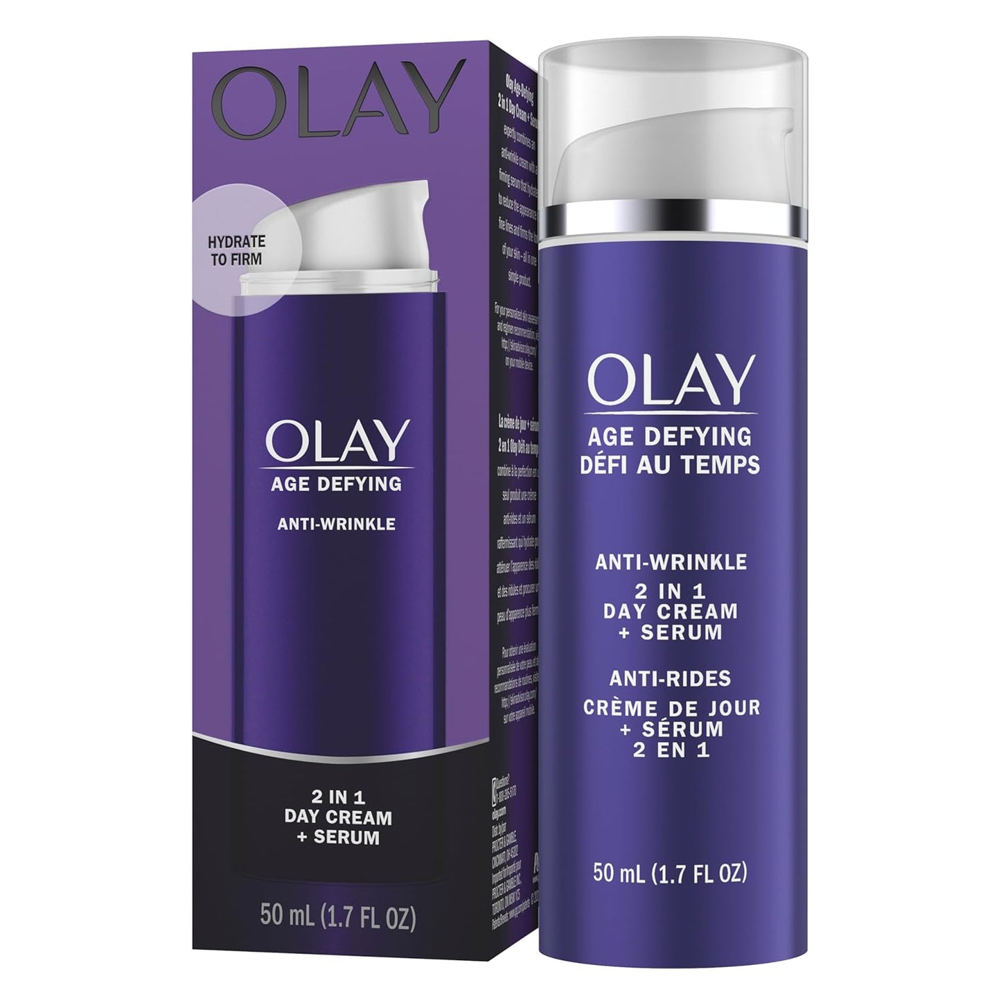 Olay Face Serum, Age Defying Anti-Wrinkle 2-In-1 Day Cream - Anti-Aging, Anti-Wrinkle, Smooths Fine Lines and Wrinkles, Firming, Lifting - Niacinamide, Glycerin, Aloe Vera, 1.7 Oz